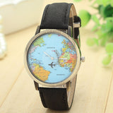 New Global Travel By Plane Map Women Dress Watch Denim Fabric Band