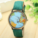 New Global Travel By Plane Map Women Dress Watch Denim Fabric Band