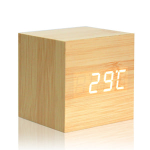 Digital Thermometer Wooden LED Alarm Clock Backlight Voice Control Wood Retro Glow Clock Desktop Table Luminous Alarm Clocks