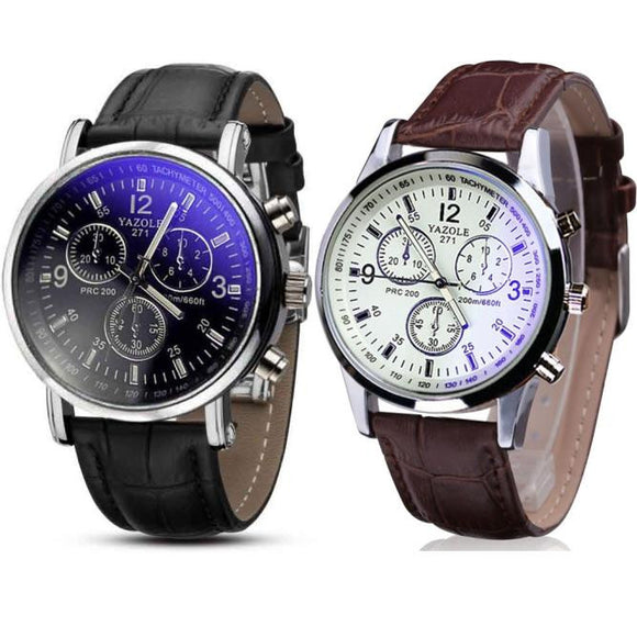 2PC Luxury Fashion Faux Leather Mens Blue Ray Glass Quartz Analog Watches