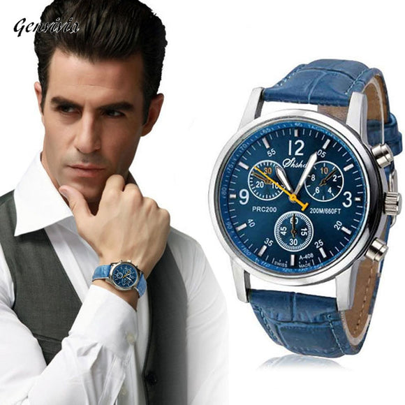 GENVIVIA High Quality New Brand Luxury Fashion Faux Leather Relogio Masculino Men Watch Hot Sale Analog Watches Blue