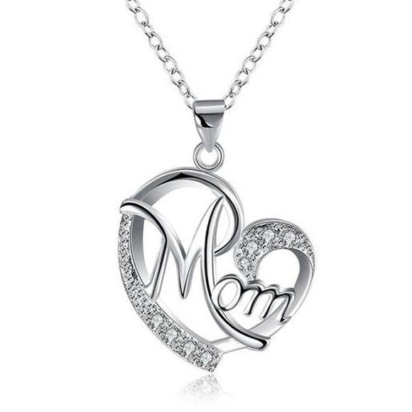 Sterling Silver Crystal Mom Heart Necklace
