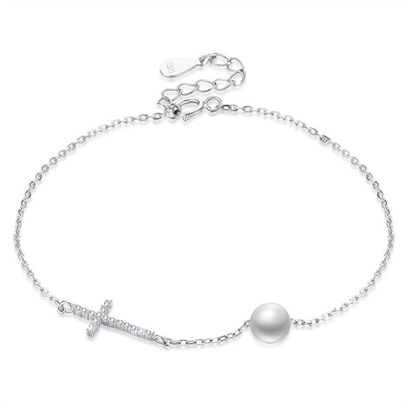 925 Sterling Silver Pearl Cross Bracelet Simple Fashion Women's Bracelet Jewelry