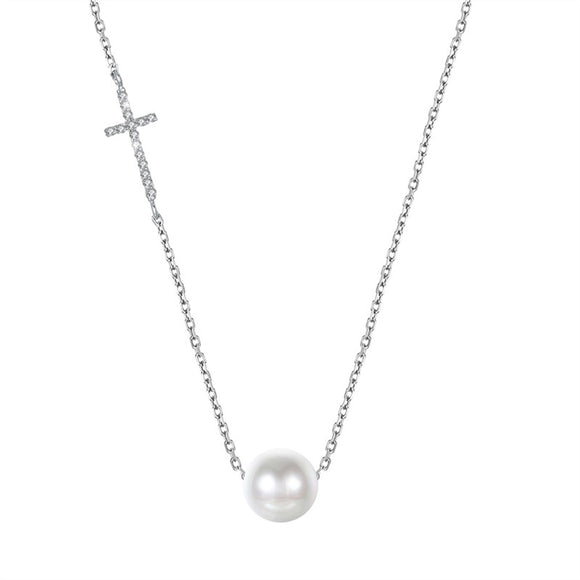 Women's Decent Necklace S925 Sterling Silver Necklace with Pearl Pendant and Crucifix in the Chain