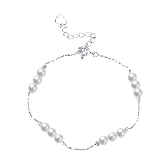 S925 Sterling Silver Thin Chain Bracelet Delicate Pearl Bracelet with Adjustable Extender for Women